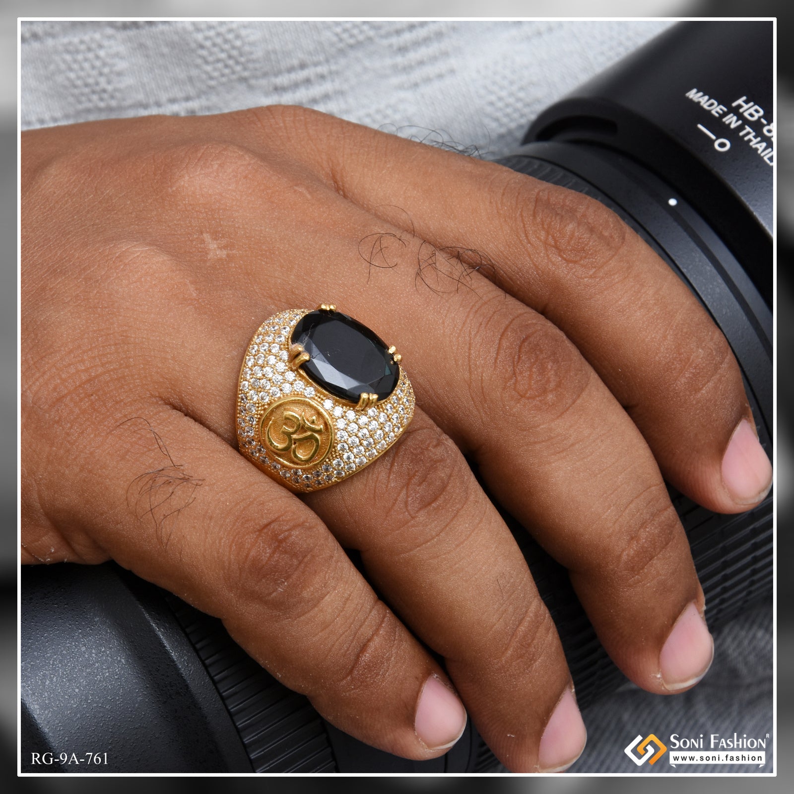 Om black stone with diamond sophisticated design gold plated ring