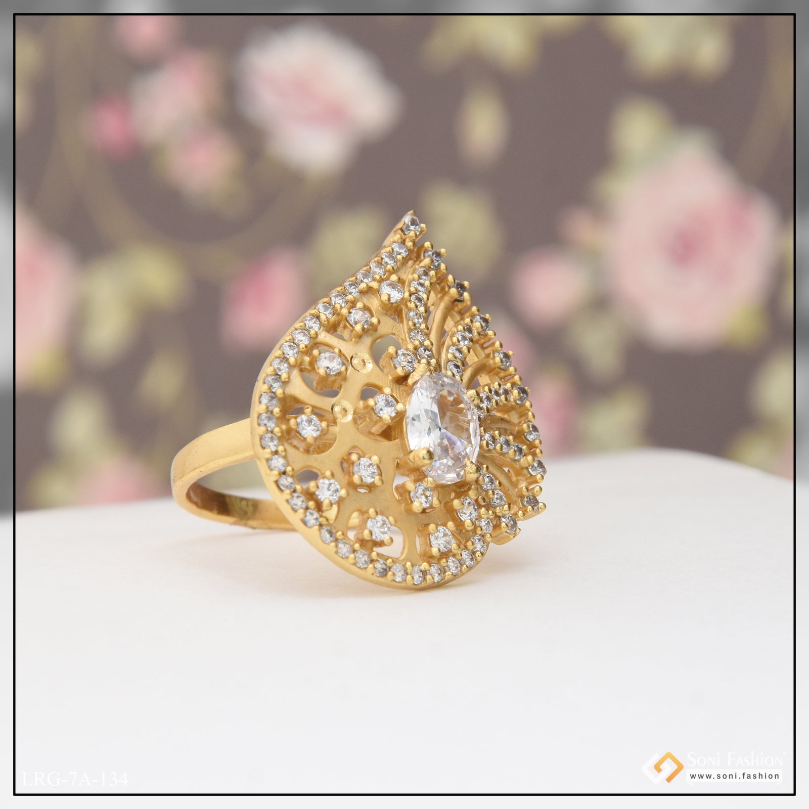white Stone with Diamond Gorgeous Design Gold Plated Ring for Ladies Style LRG-134