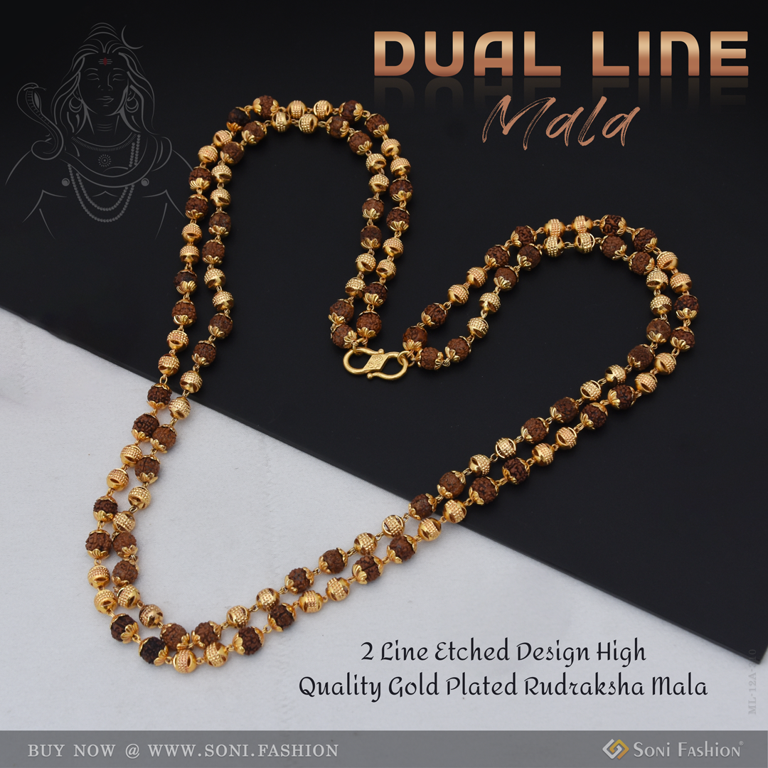 line etched design high-quality gold plated rudraksha mala for - Main Image