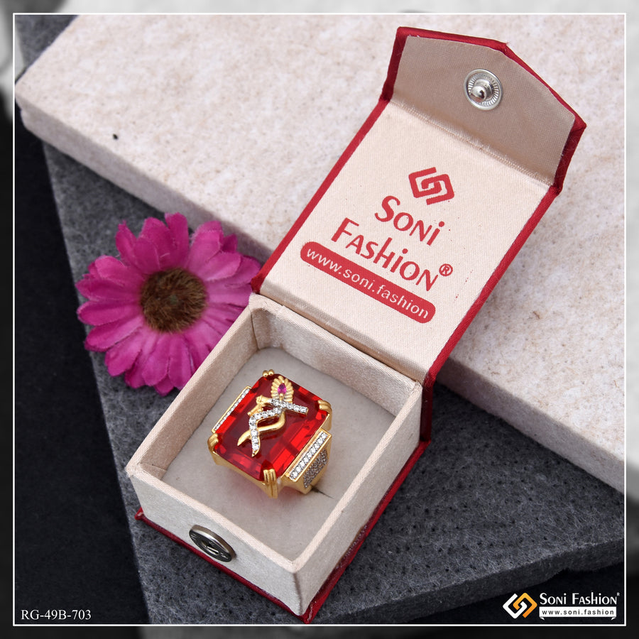 1 Gram Gold Plated Krishna On Red Stone Awesome Design Ring for Men - Style B703