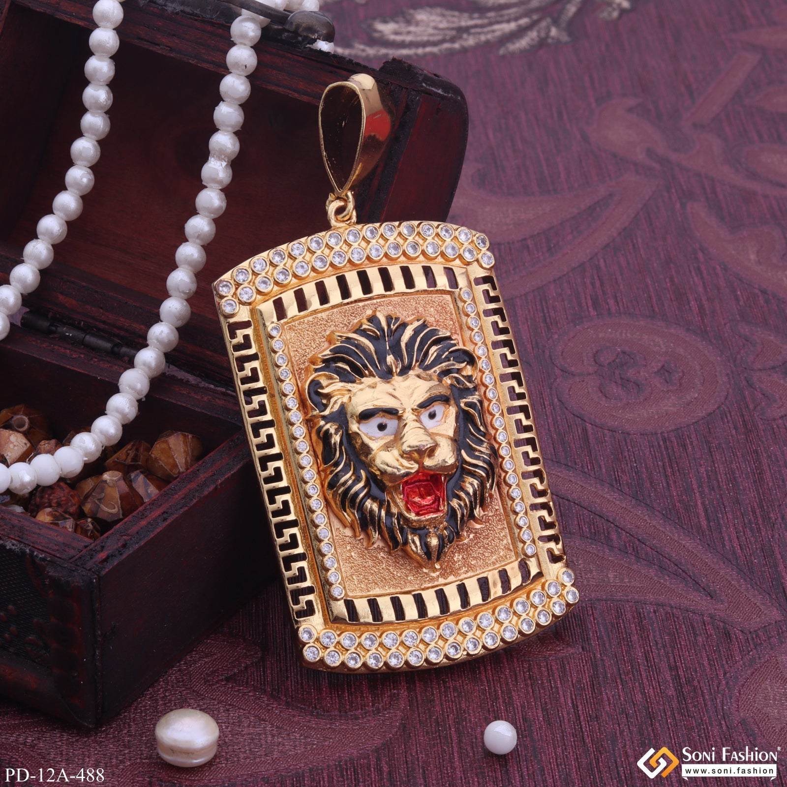 Big Lion Black Hair And Red Mouth Gold Plated Pendant With