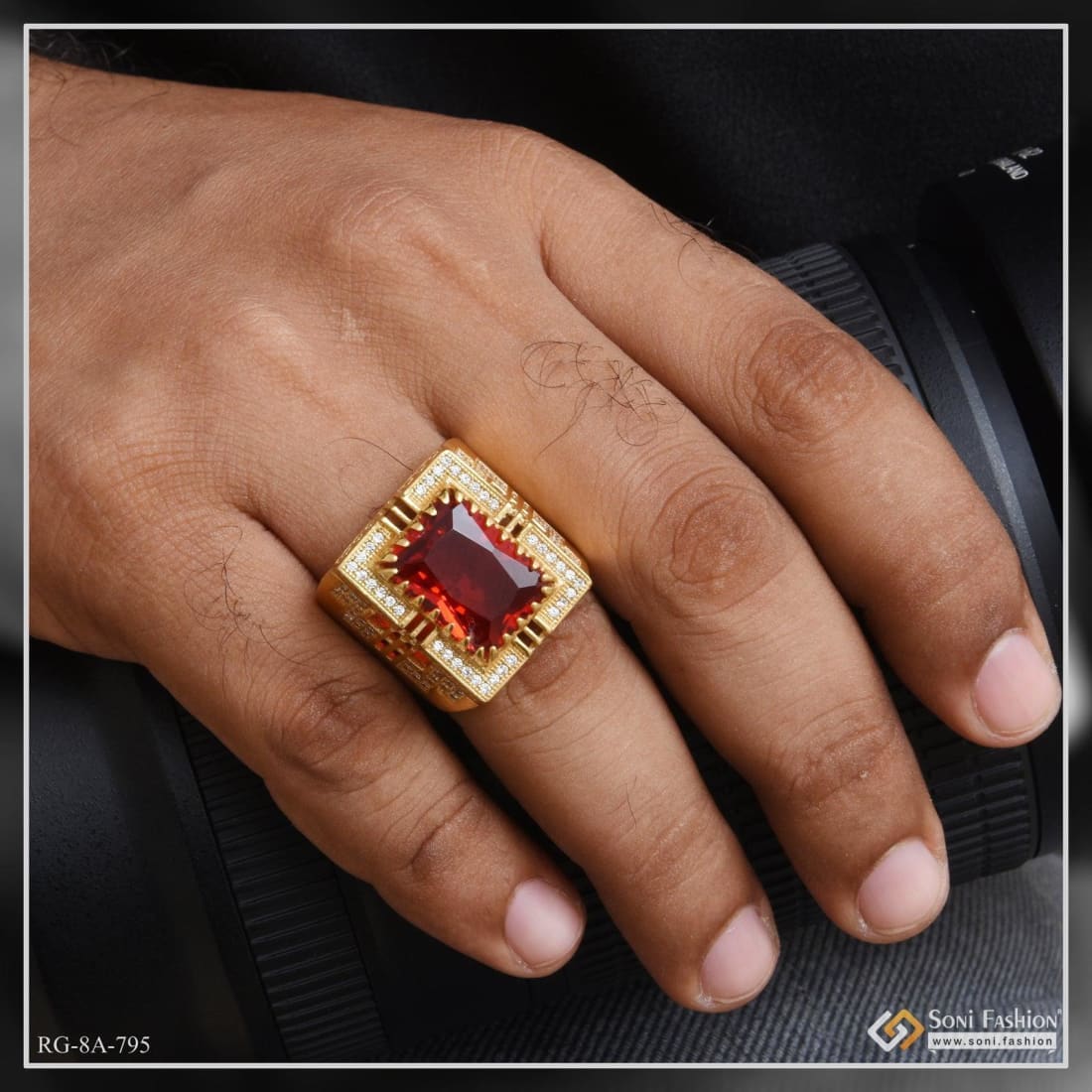Red Stone with Diamond Finely Detailed Design Gold Plated Ring for