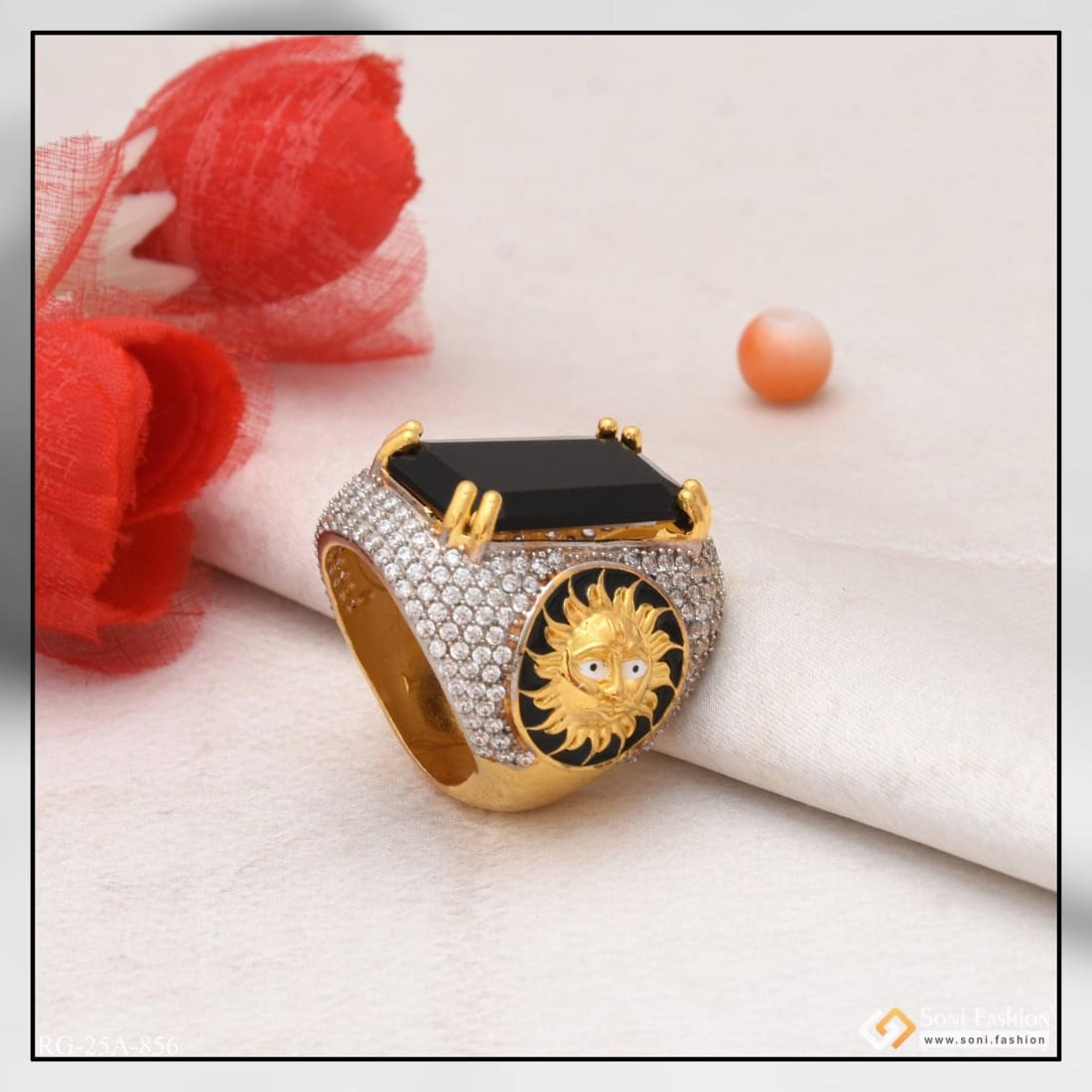 1 gram gold forming black stone with diamond funky design ring for men –  Soni Fashion®