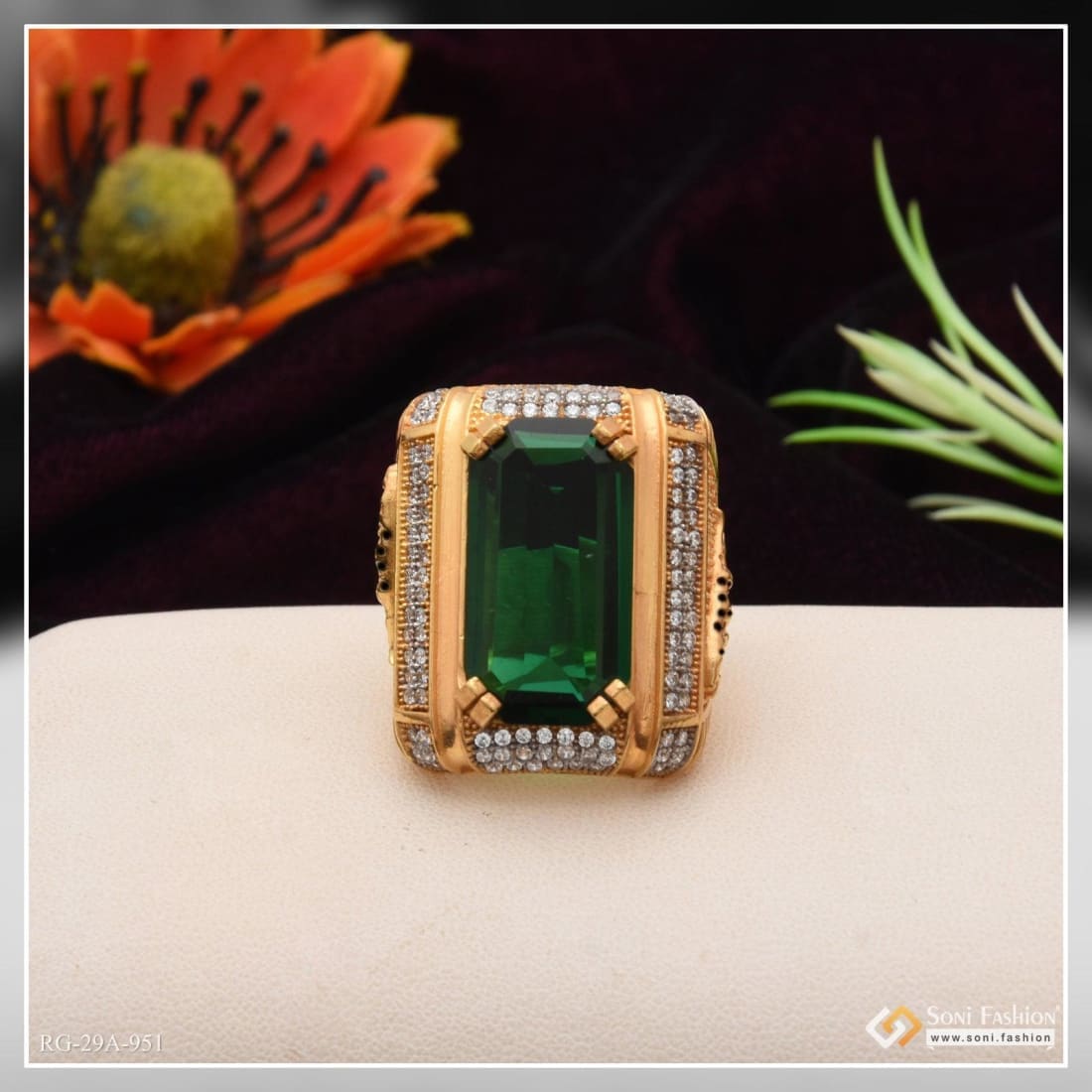 Designer Emerald Cut Green Color Stone Ring