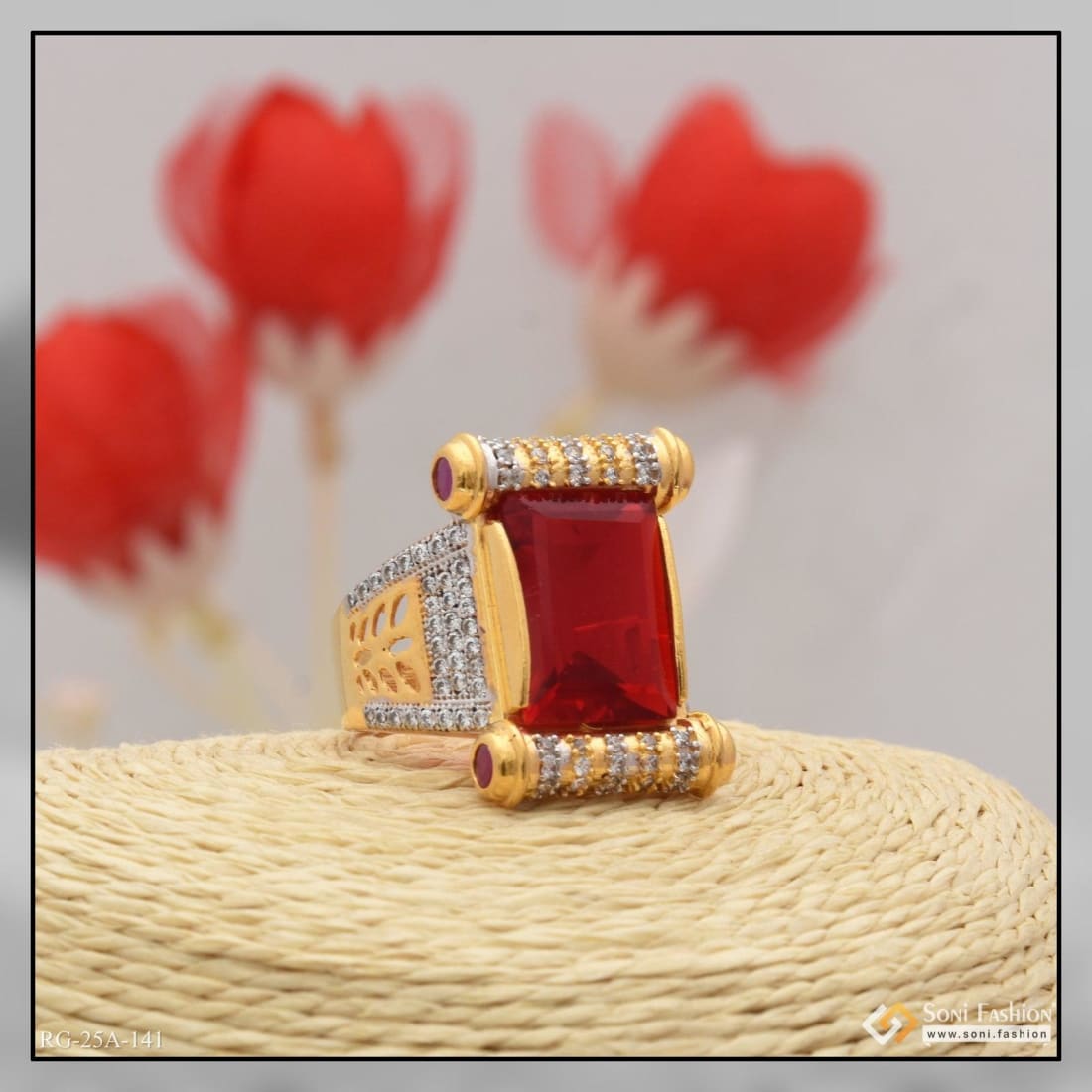 1 gram gold forming red stone with diamond fashionable design ring - – Soni  Fashion®