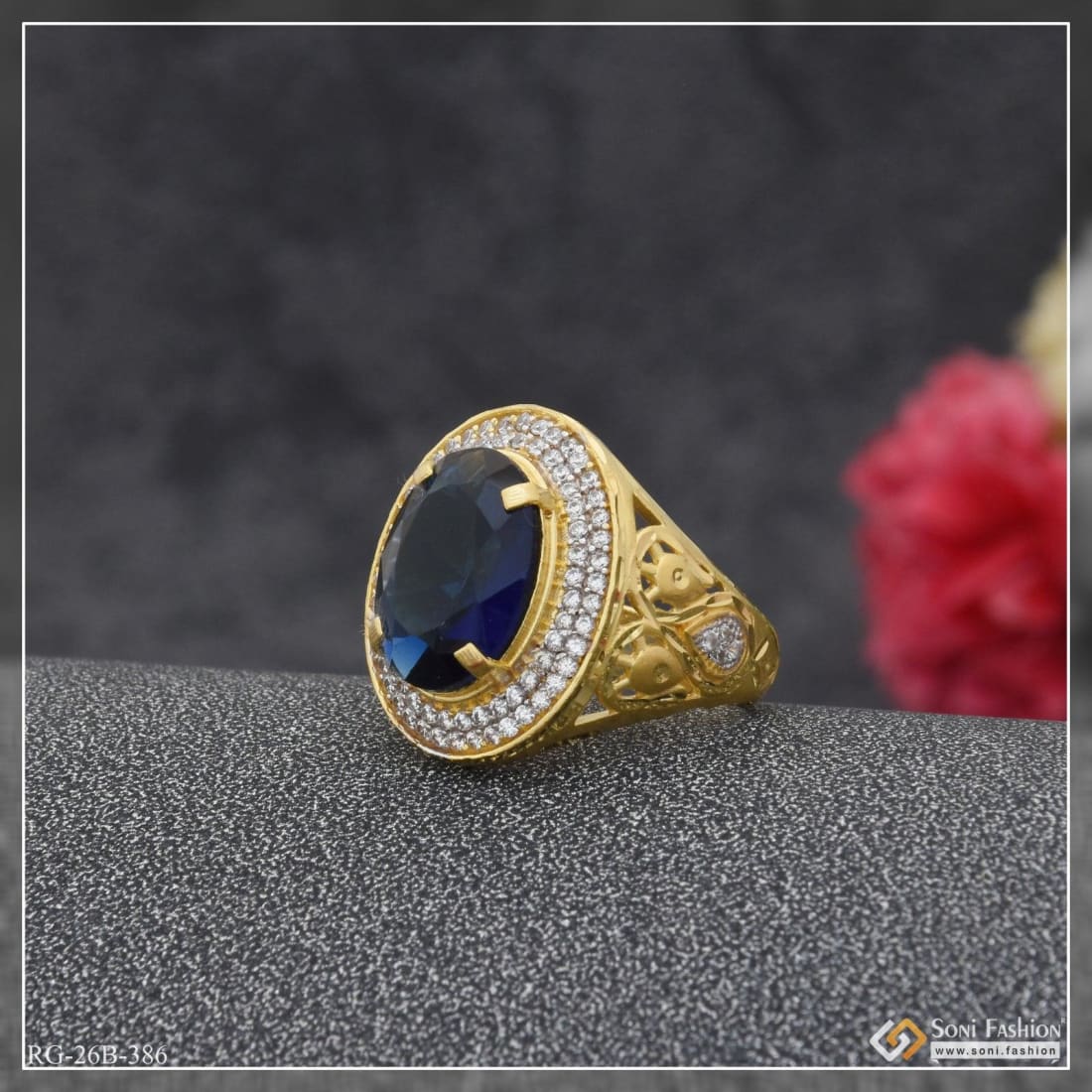 1 gram gold plated blue stone with diamond hand-crafted ring for men - – Soni  Fashion®