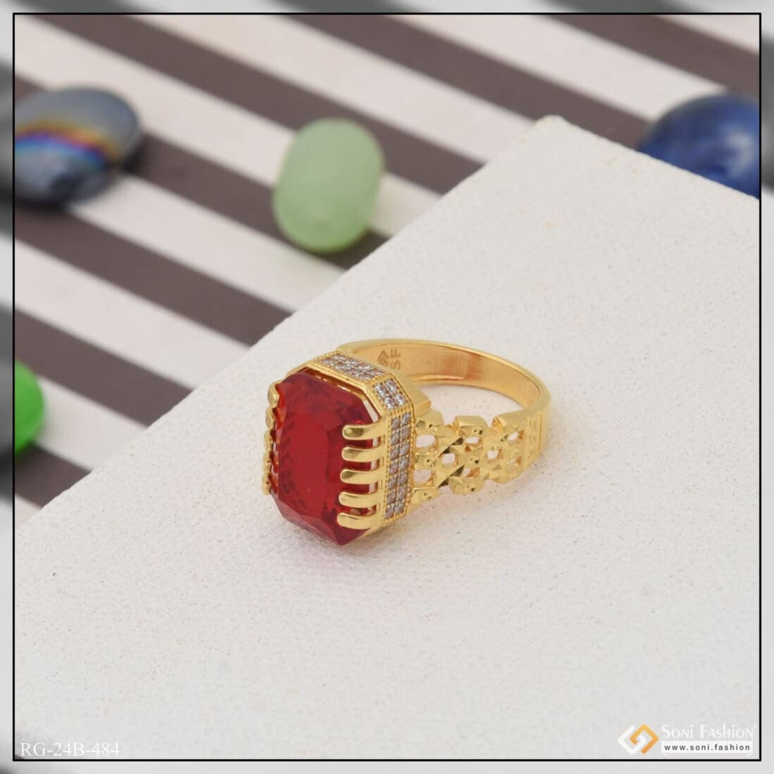 1 Gram Gold Plated Red Stone With Diamond Popular Design Ring For Men -  Style B484 – Soni Fashion®