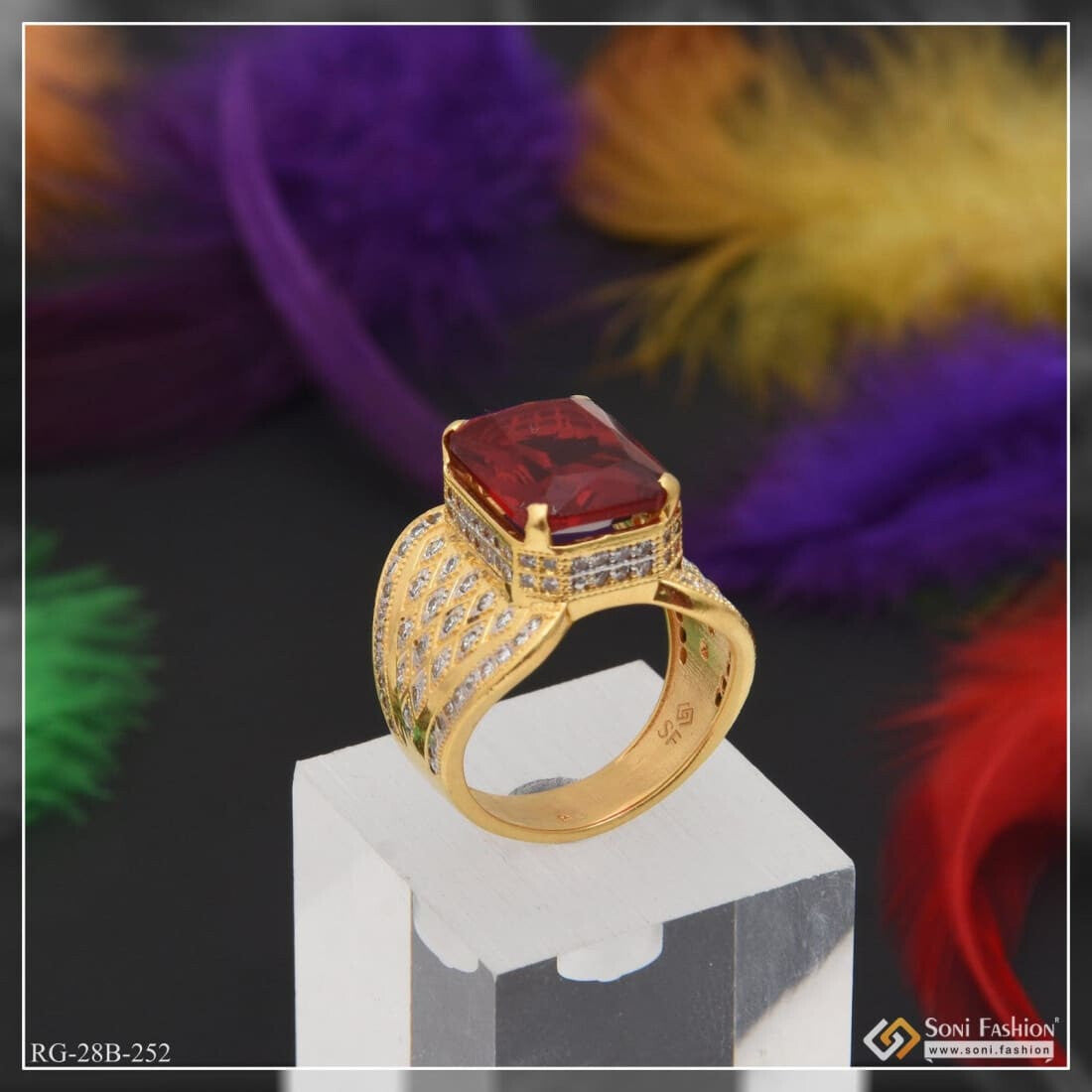 Gram Gold Plated Red Stone with Diamond Funky Design Ring for Men Style B252