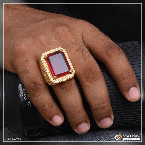 1 Gram Gold Plated Red Stone with Diamond Best Quality Ring for Men - Style A773