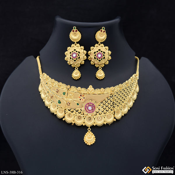 1 Gram Gold Plated Finely Detailed Choker Necklace Set for Women - Style B316