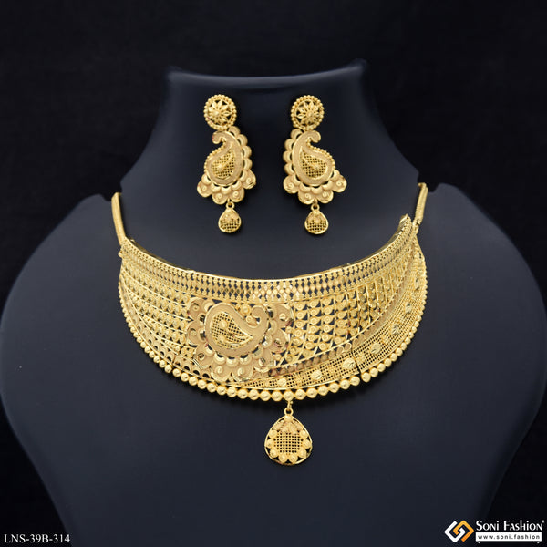1 Gram Gold Plated Sparkling Design Choker Necklace Set for Women - Style B314