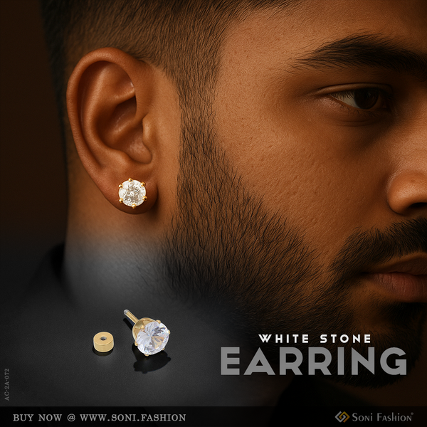 Round Shape White Stone Hand-Crafted Design Stud Earring for Men (1 Pc) - Style A072