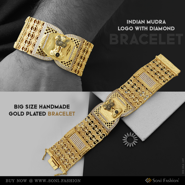 Big Size Handmade Indian Mudra Logo with Diamond Gold Plated Bracelet - Style A107