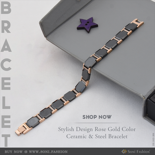 Stylish Design Rose Gold Color Ceramic & Steel Bracelet for Men - Style D388