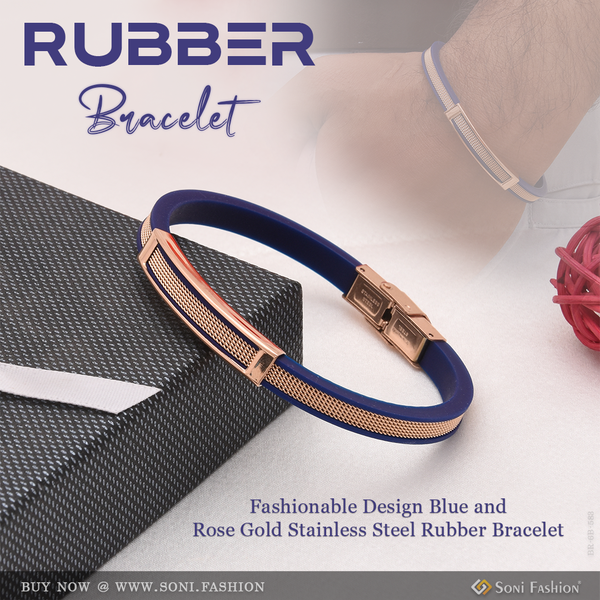 Fashionable Design Blue And Rose Gold Stainless Steel Rubber Bracelet - Style B583