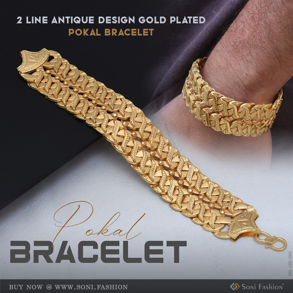 2 Line Antique Design Gold Plated Pokal Bracelet for Men - Style D696