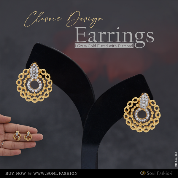 1 Gram Gold Plated with Diamond Classic Design Earrings for Ladies - Style A109