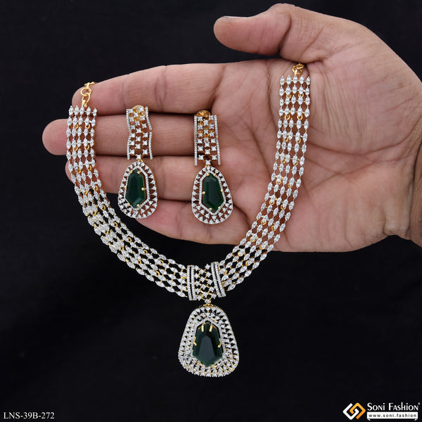Green Stone New Style Gold Plated Diamond Necklace Set for Ladies - Style B272