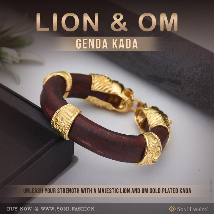 Lion face classic design brown leather genda kada gold plated