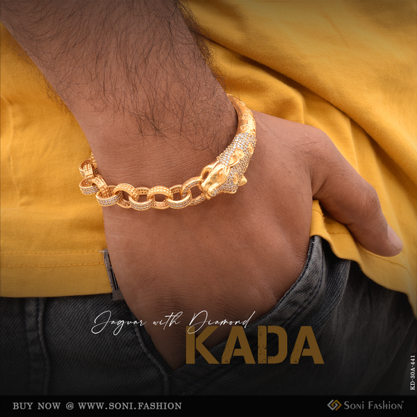 1 Gram Gold - Jaguar with Diamond Artisanal Design Gold Plated Bracelet Kada - Style A441