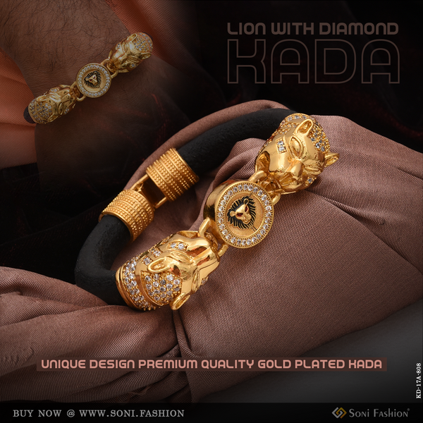 Lion with Diamond Unique Design Premium-Grade Quality Gold Plated Kada - Style A808