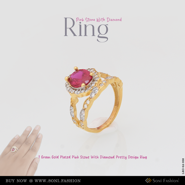 1 Gram Gold Plated Pink Stone With Diamond Pretty Design Ring For Lady - Style Lrg-058