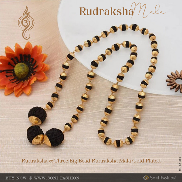 Rudraksha & Three Big Bead Rudraksha Mala Gold Plated For Men - Style A019
