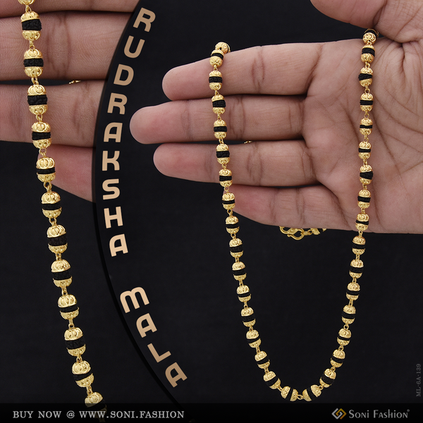 Black Sophisticated Design Gold Plated Rudraksha Mala For Men - Style A139