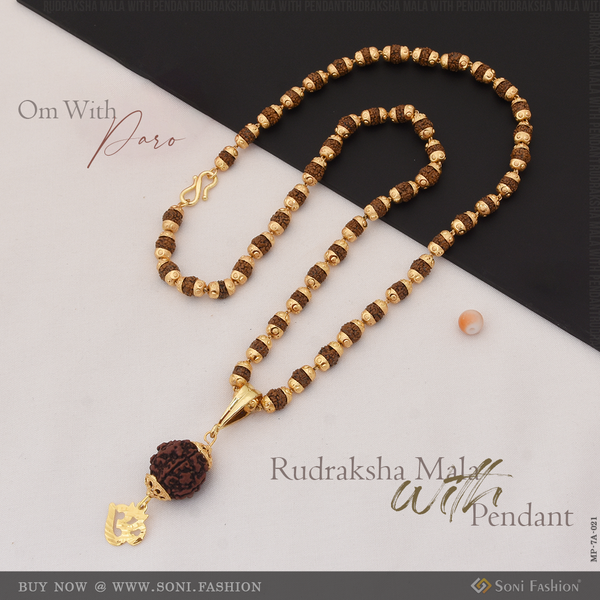 Om With Paro Fancy Design Gold Plated Rudraksha Mala With Pendant - Style A021