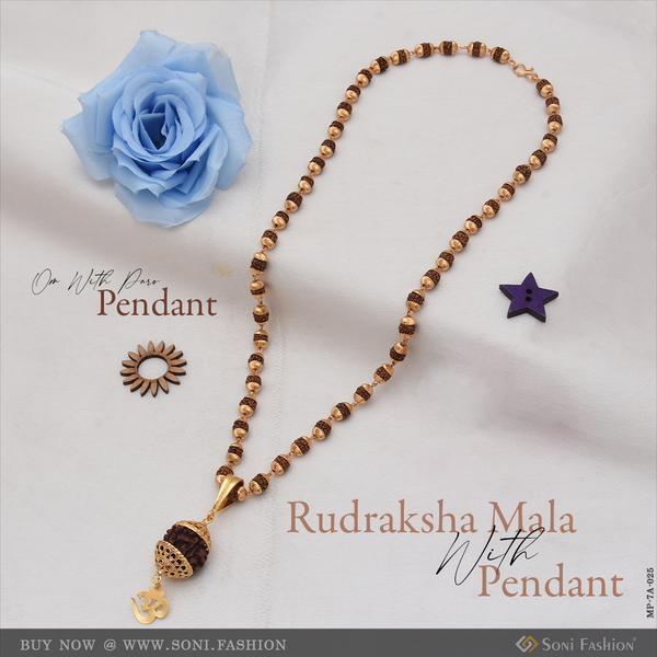 Om With Paro Fashionable Design Gold Plated Rudraksha Mala With Pendant - Style A025