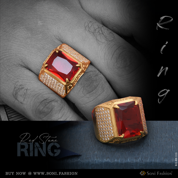 Red Stone With Diamond Best Quality Attractive Design Gold Plated Ring - Style B113