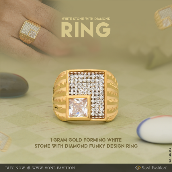 1 Gram Gold Forming White Stone With Diamond Funky Design Ring For Men - Style B154