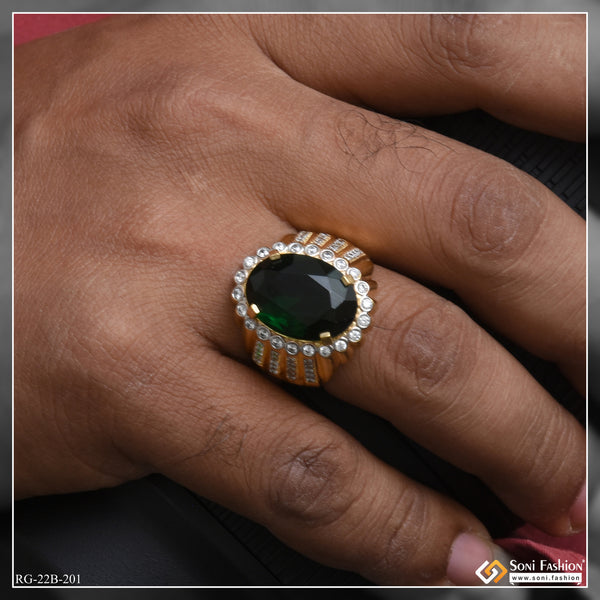 1 Gram Gold Plated Green Stone with Diamond Best Quality Ring for Men - Style B201