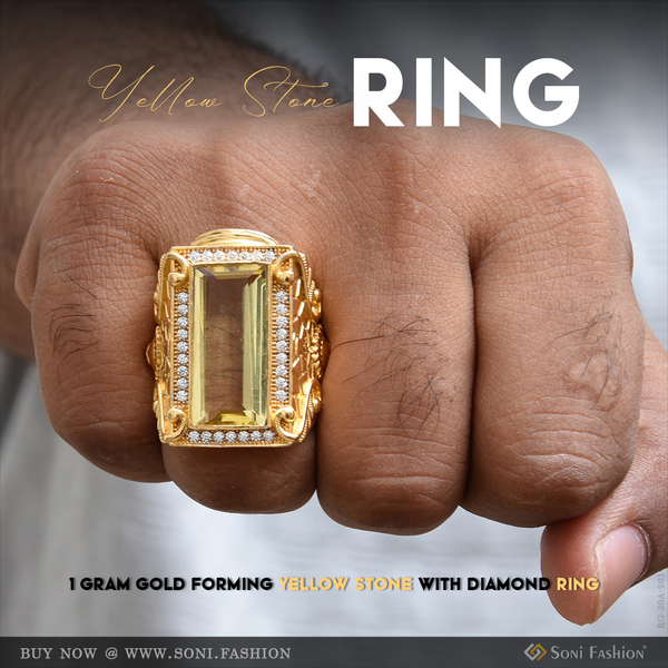 1 Gram Gold Forming Yellow Stone with Diamond Delicate Design Ring - Style A261