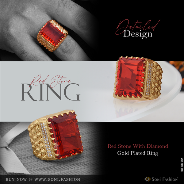 Red Stone With Diamond Finely Detailed Design Gold Plated Ring For Men - Style B295