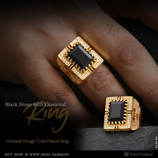 Black Stone with Diamond Artisanal Design Gold Plated Ring for Men - Style B333