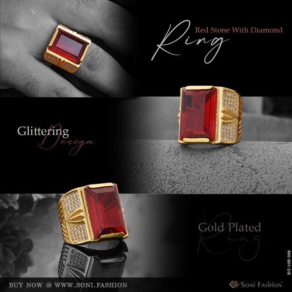 Red Stone With Diamond Glittering Design Gold Plated Ring For Men - Style B398