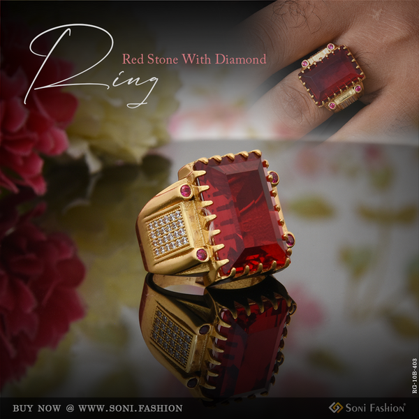 Red Stone With Diamond Sophisticated Design Gold Plated Ring For Men - Style B403