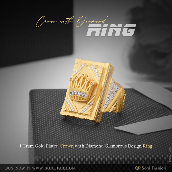 1 Gram Gold Plated Crown with Diamond Glamorous Design Ring for Men - Style B405