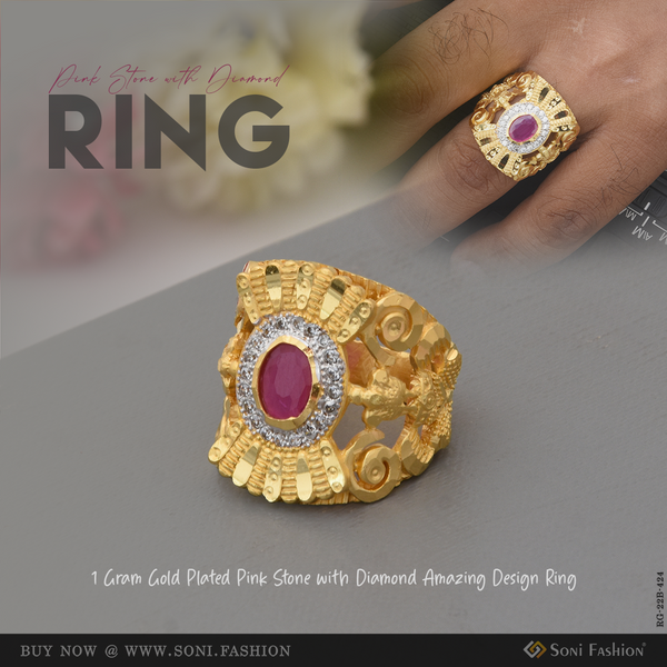 1 Gram Gold Plated Pink Stone with Diamond Amazing Design Ring for Men - Style B424