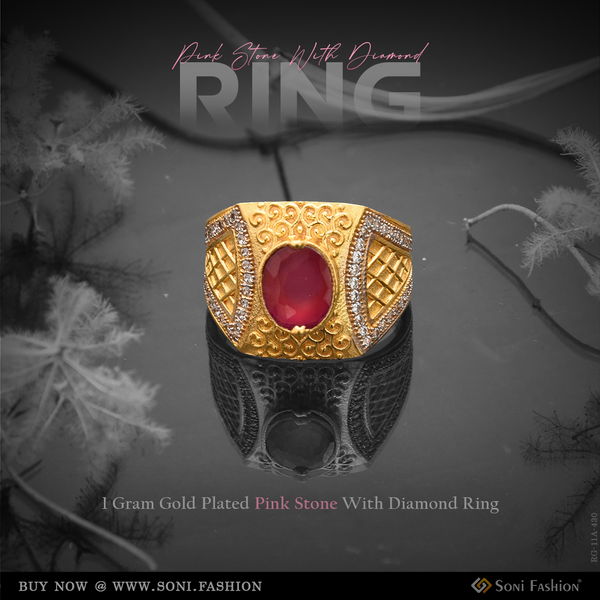1 Gram Gold Plated Pink Stone With Diamond Best Quality Ring For Men - Style A430