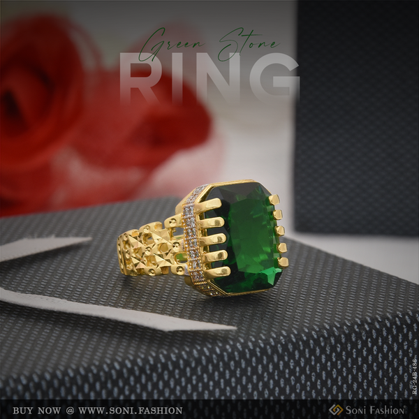 1 Gram Gold Plated Green Stone with Diamond Popular Design Ring for Men - Style B486