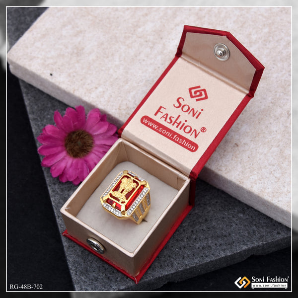 1 Gram Gold Plated Mudra On Red Stone Trending Design Ring for Men - Style B702