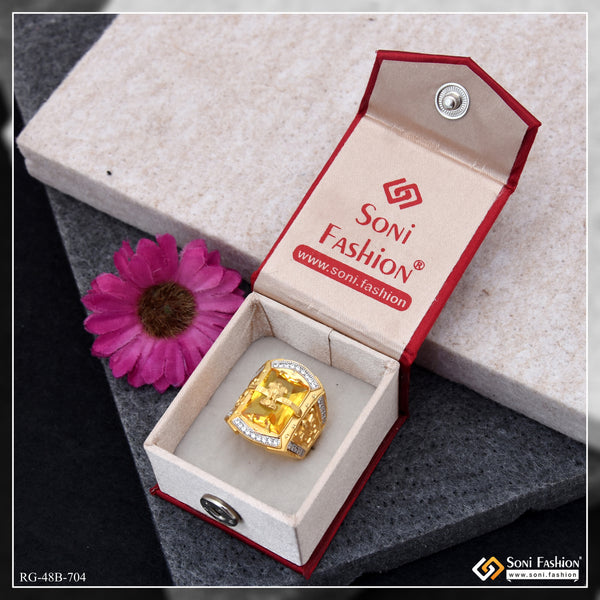 1 Gram Gold Plated Mudra On Yellow Stone Amazing Design Ring for Men - Style B704