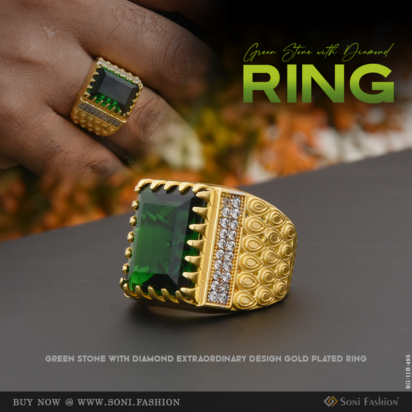 Green Stone with Diamond Extraordinary Design Gold Plated Ring for Men - Style B493