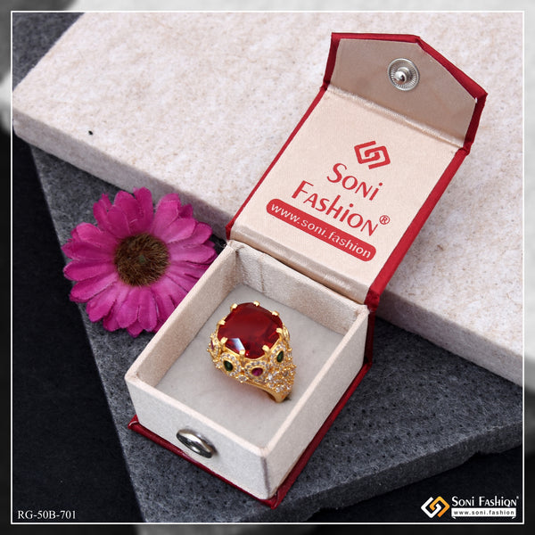 1 Gram Gold Plated Red Stone Amazing Design Ring for Men - Style B701