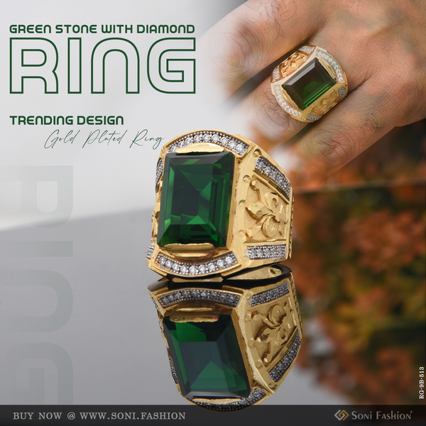 Green Stone With Diamond Trending Design Gold Plated Ring For Men - Style B513