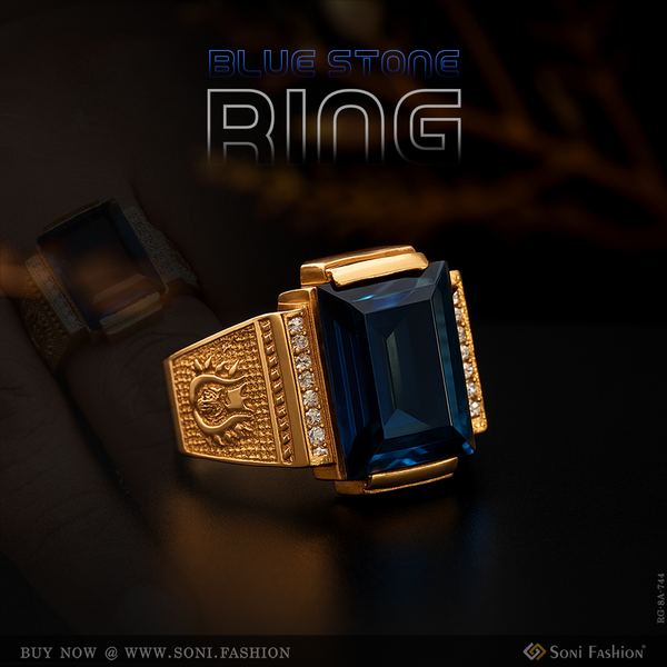 Blue Stone with Diamond Glittering Design Gold Plated Ring for Men - Style A744