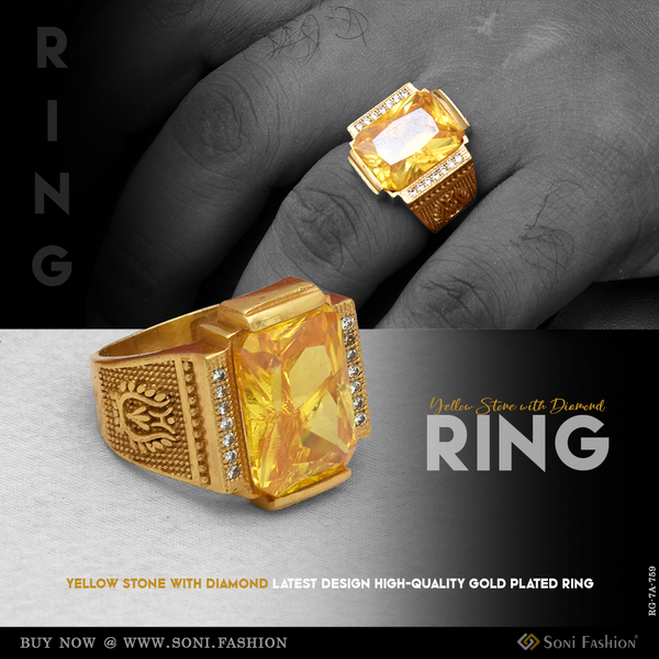 Yellow Stone with Diamond Latest Design High-Quality Gold Plated Ring - Style A759