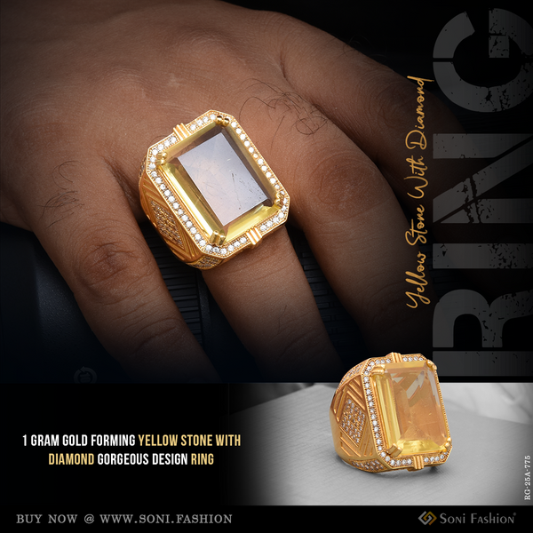 1 Gram Gold Forming Yellow Stone With Diamond Gorgeous Design Ring For Men - Style A775